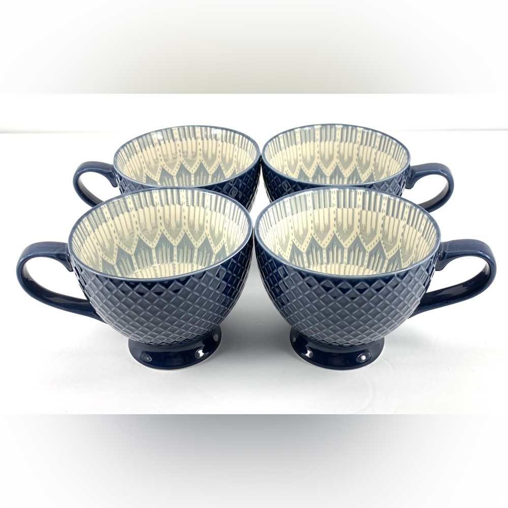 [SET OF 4] Signature Housewares Navy Blue Pad Print Footed Mugs Cups (WAFFLE)